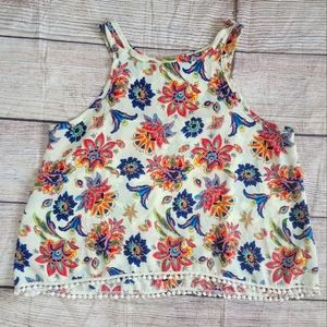 Cropped Floral Sheer Tank Top with Trim